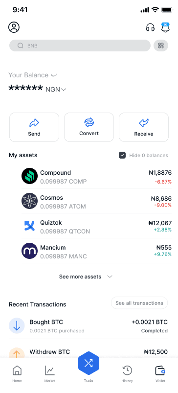 Coldpapa wallet screen showing assets and recent transactions